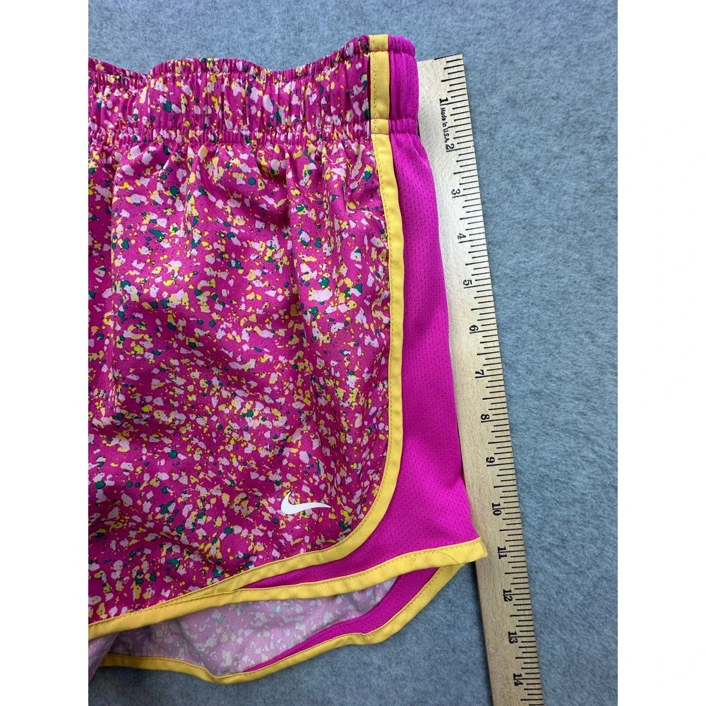 Nike Dri-FIT Womens Running Shorts Pink Floral Splatter Print Yellow Trim Size M